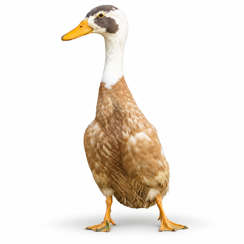 Fawn and White Indian Runner duck standing upright